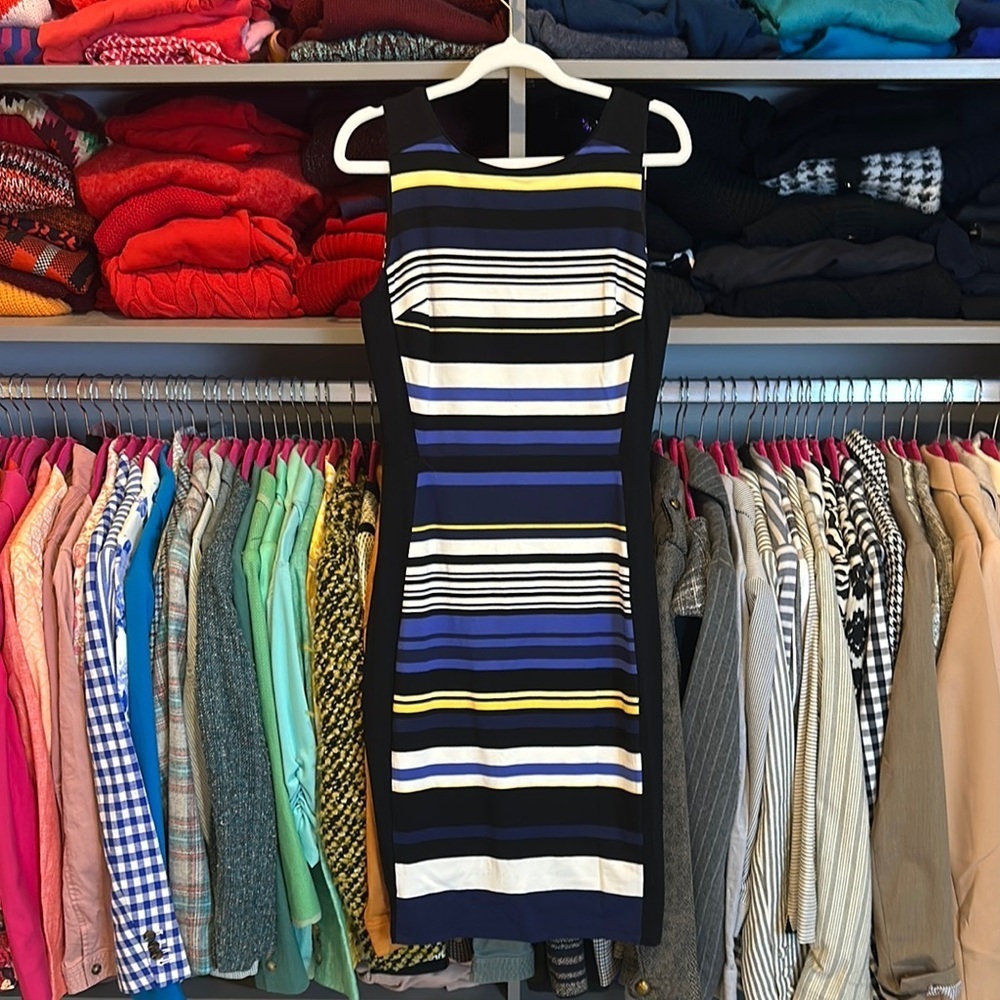 WHBM black/blue/yellow/white striped sleeveless lined v back dress size 4 NWT